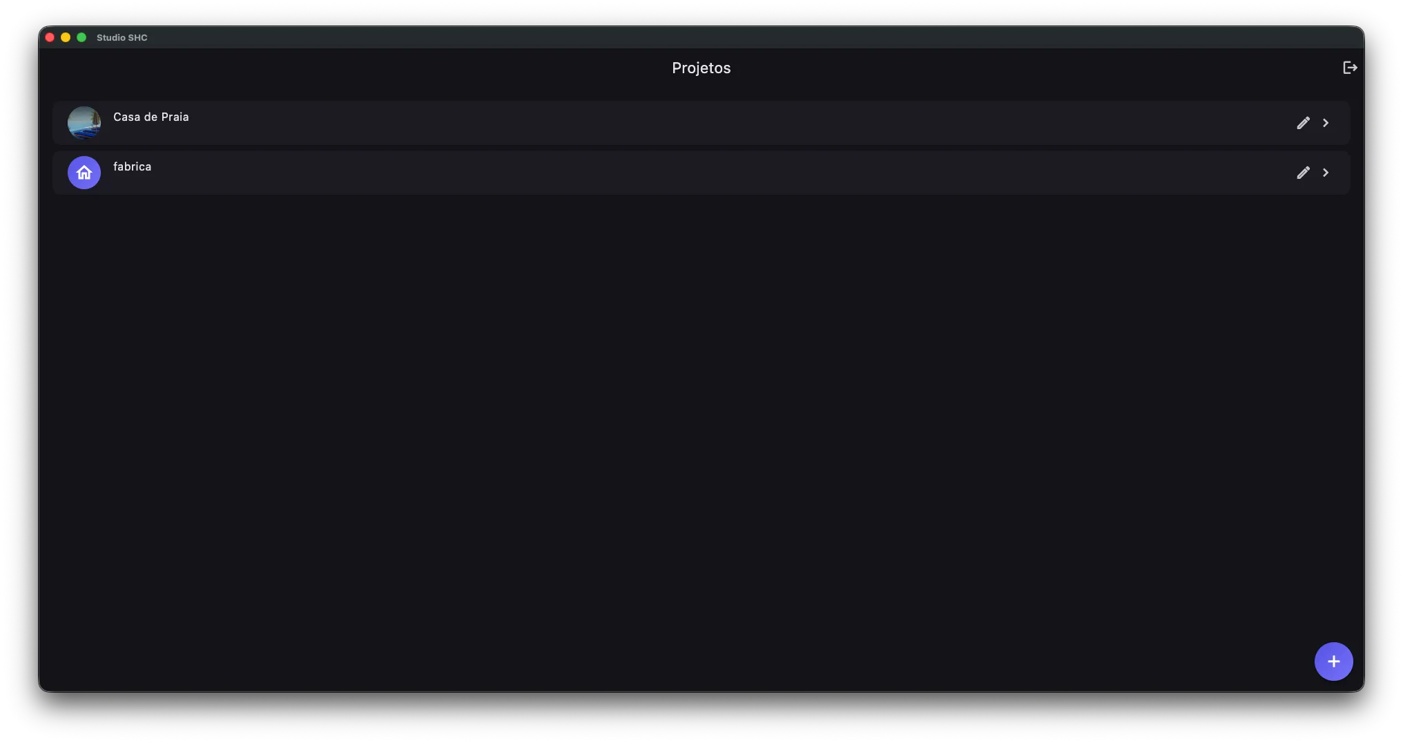 Tela Projetos com os cartões dos projetos e o botão +