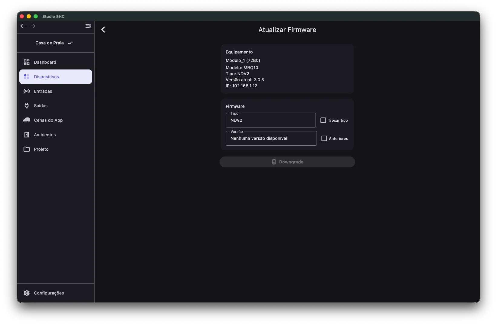 Tela Atualizar Firmware com as informações do equipamento