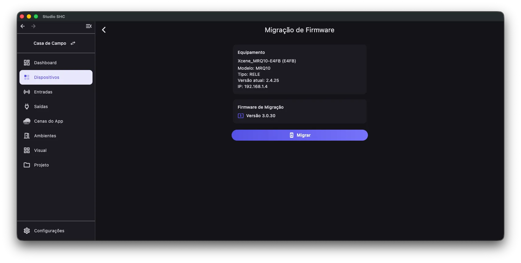 Tela Migração de Firmware