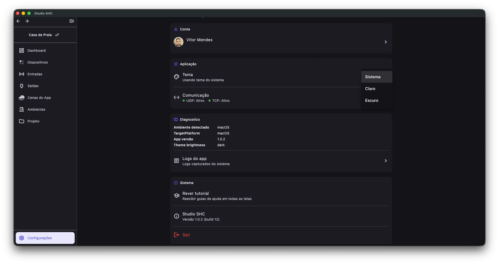 Seletor de tema na seção Aplicação das Configurações