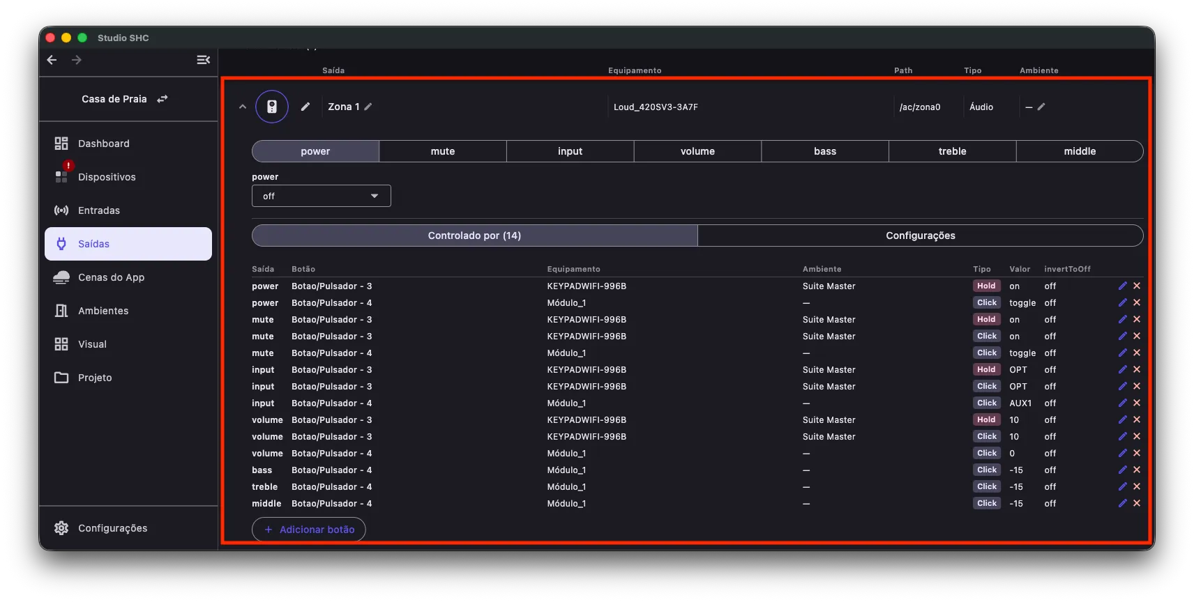 Zona de áudio aberta, com o seletor de controles e o editor